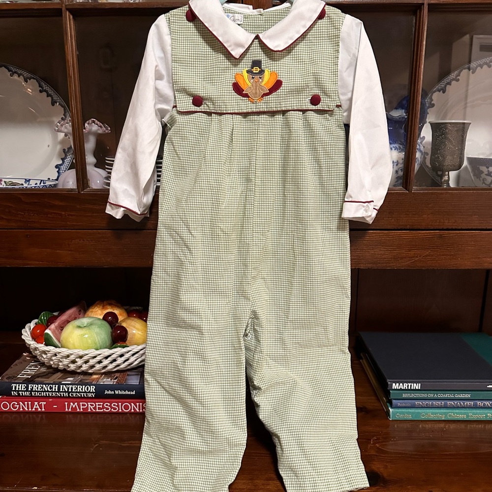 Petit Ami Green Checkered/ Gingham 24M Baby Outfit with Embroidered Turkey